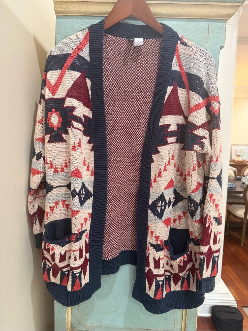 H&M Divided Southwestern Aztec Open Front Cardigan Sweater XS Blue Red Cotton